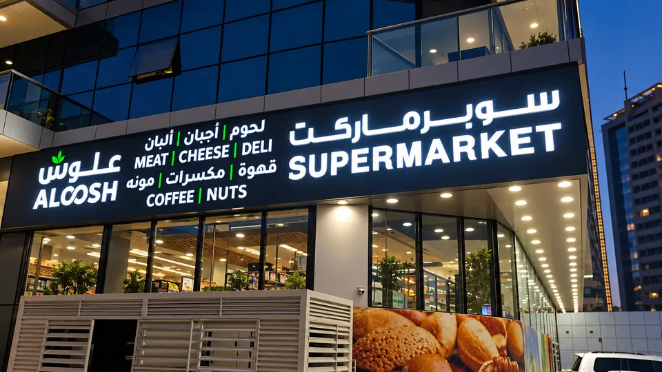Alloosh Supermarket illuminated bilingual shopfront sign at night