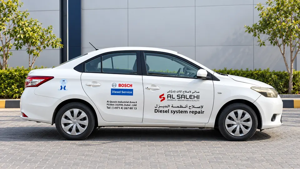 White sedan branded with Al Salehi diesel service decals