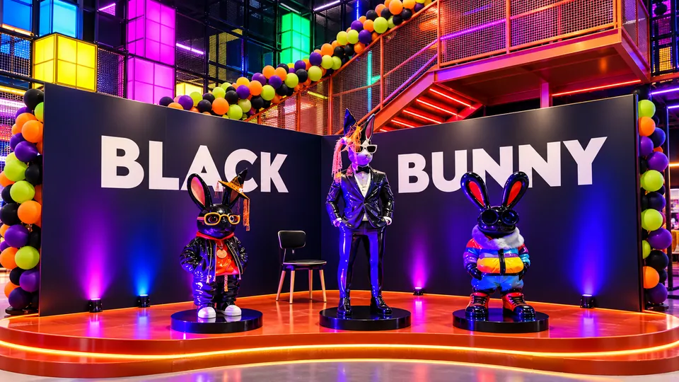 Black Bunny event display stand with printed backdrop and character figures