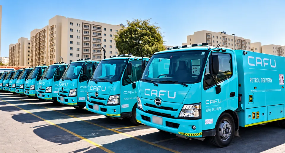 Row of CAFU fuel-delivery trucks in matching turquoise fleet branding