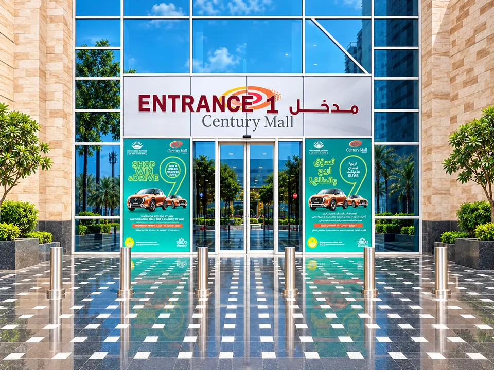 Century Mall Entrance 1 lettering and Shop Win & Drive window graphics