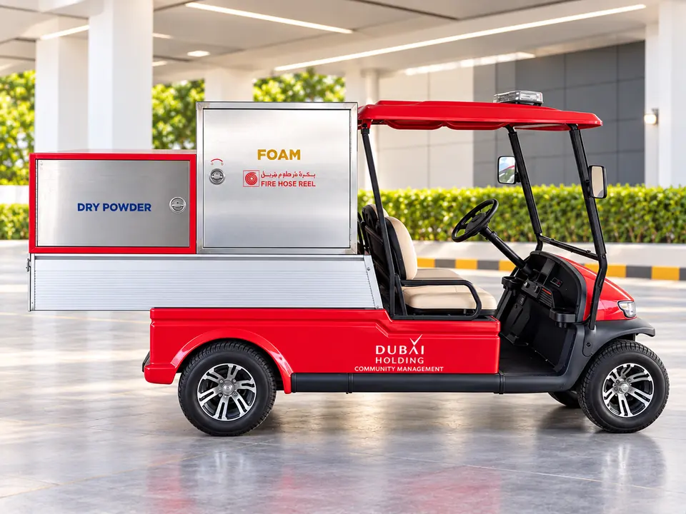 Dubai Holding Community Management fire-response cart with Foam, Dry Powder and Fire Hose Reel lettering