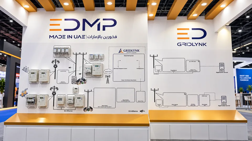 EDMP and Gridlynk exhibition stand with printed wall graphics