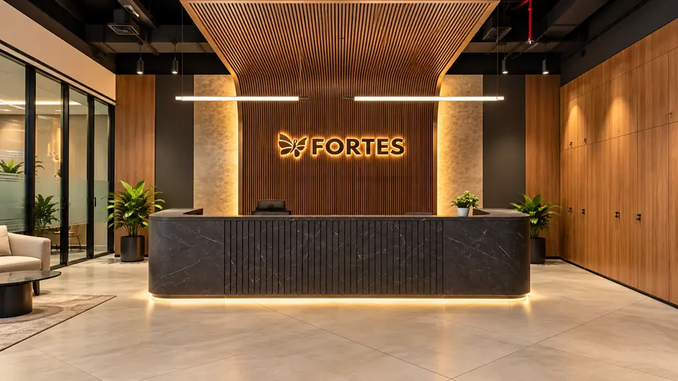 Fortes reception with backlit logo sign on a timber feature wall
