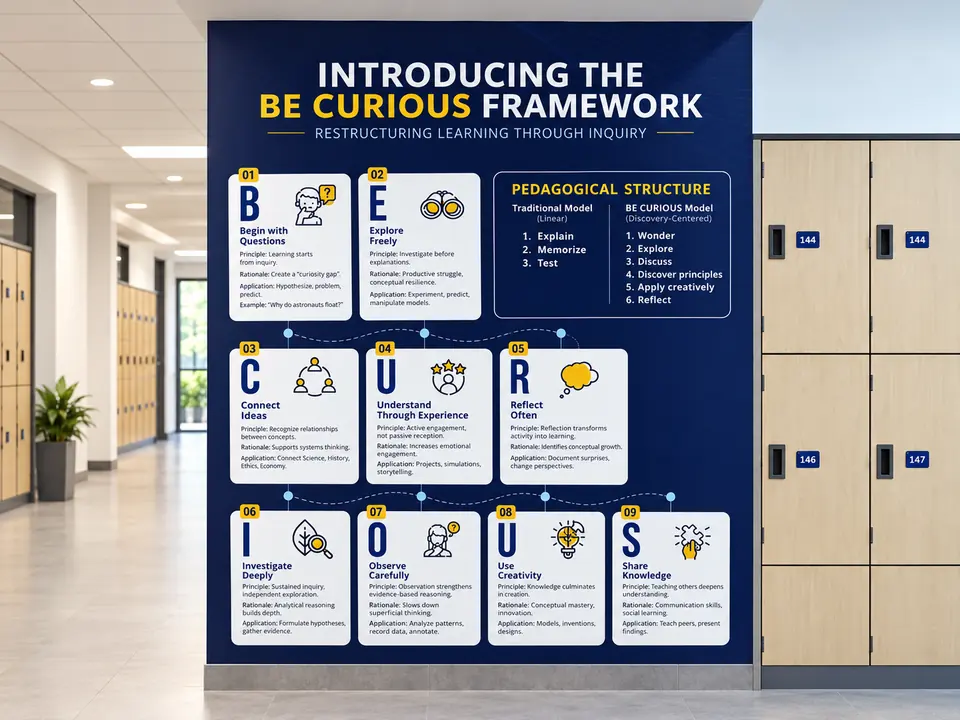 Printed Be Curious framework wall graphic in a school
