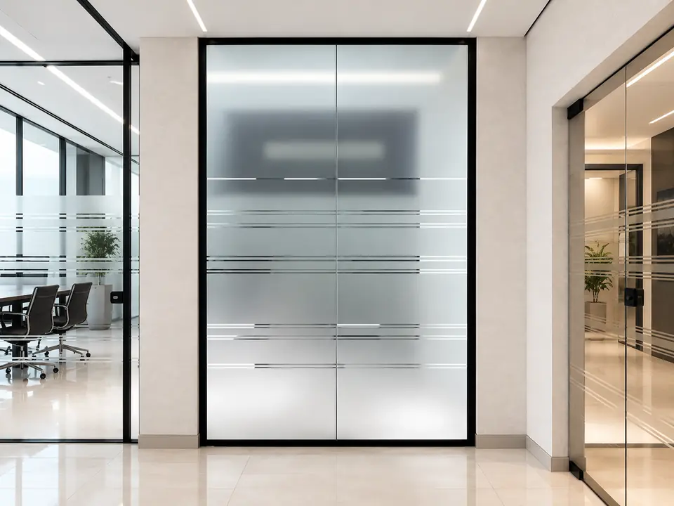 Frosted glass office doors with clear horizontal stripes