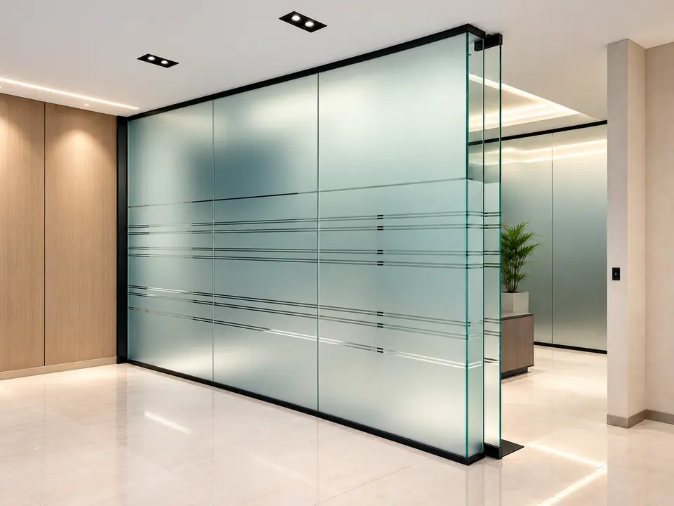 Frosted glass office partition with clear stripe bands