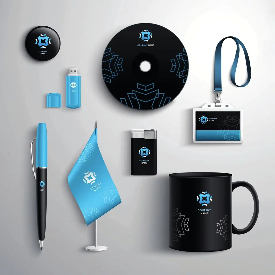 Branded corporate gift range: lanyard, flag, pen, USB, mug and badge
