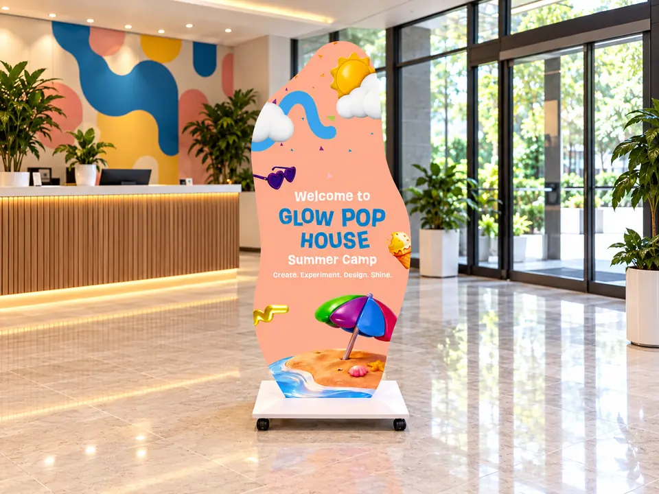 Glow Pop House Summer Camp shaped standee on a wheeled base