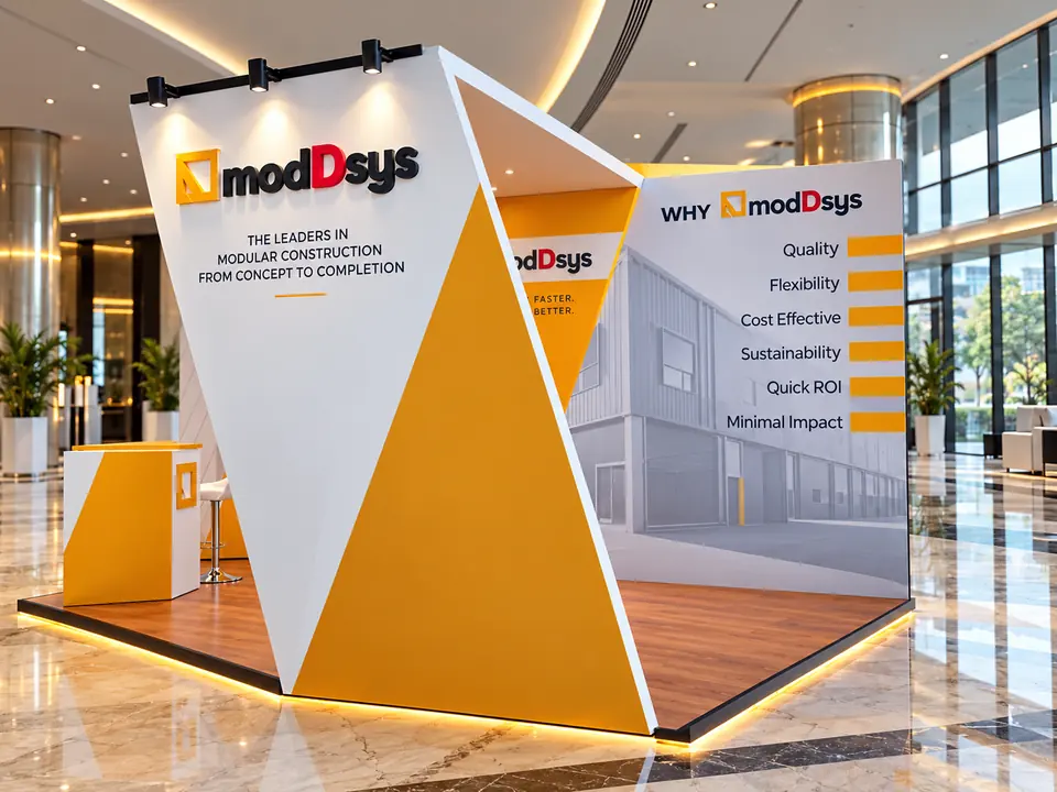 ModDsys exhibition stand with angled white and orange panels
