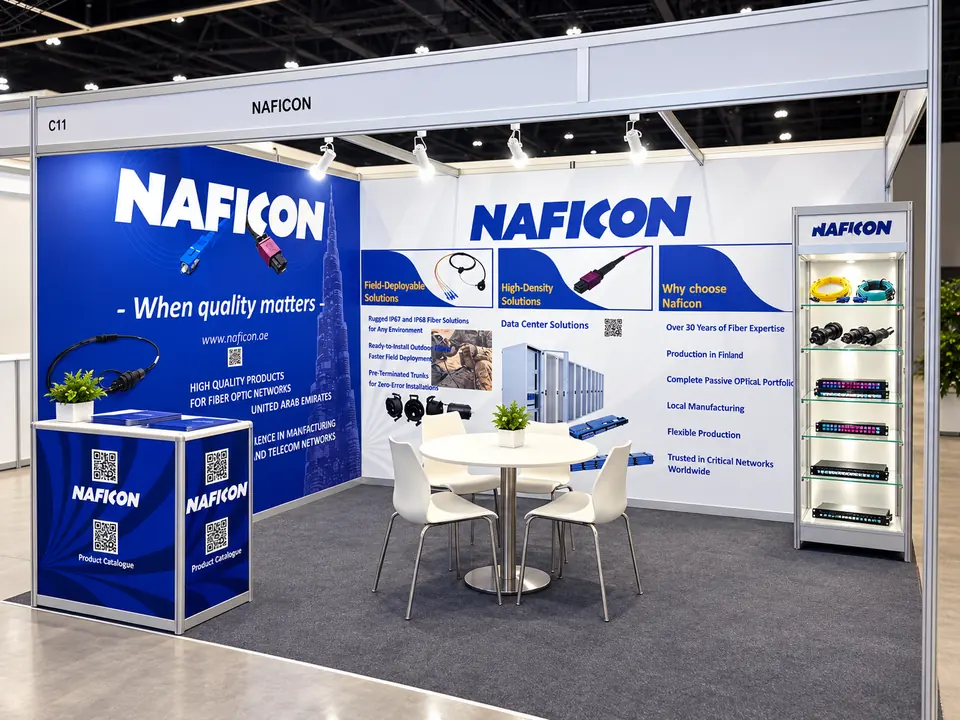 Naficon exhibition booth with blue branded walls, counter and product display