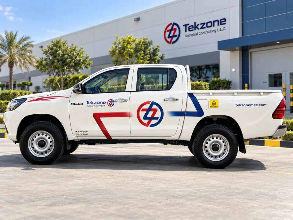 Tekzone Technical Contracting Hilux pick-up with red and blue vehicle branding
