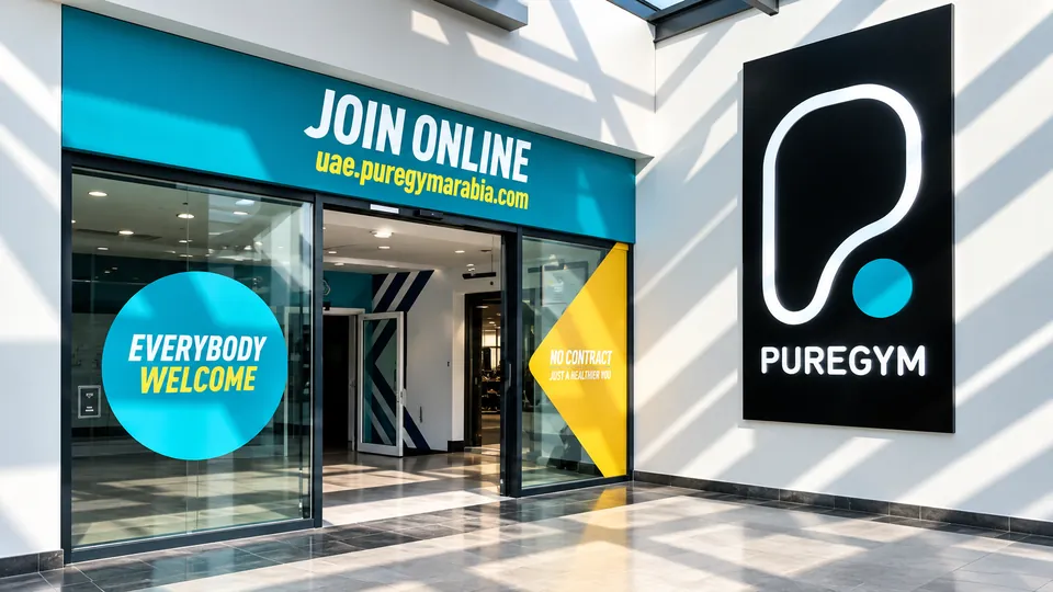 PureGym storefront with illuminated P logo sign and window graphics, Nad Al Sheba, Dubai