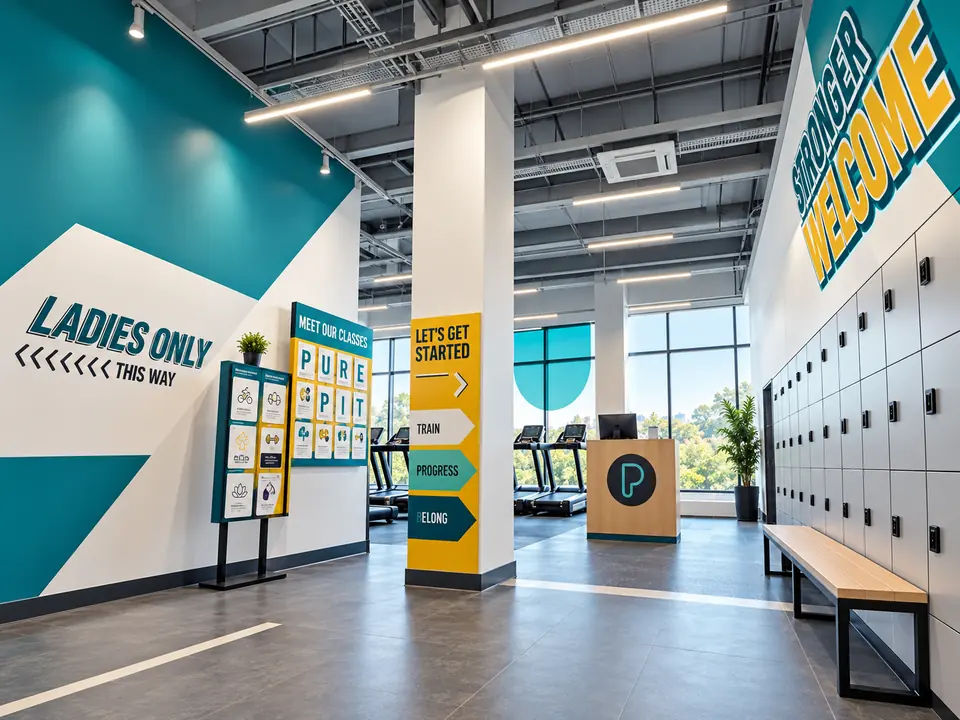 PureGym interior with Ladies Only and Everybody Welcome wall graphics and locker wraps