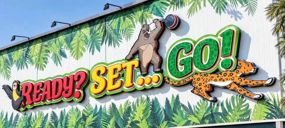 Ready Set Go 3D facade sign with cut-out jungle animals and foliage, Al Quoz, Dubai