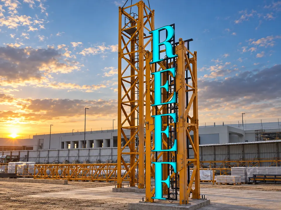 Vertical REEF letters mounted on a construction crane mast
