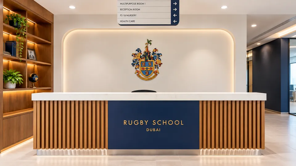 Rugby School Dubai reception desk lettering, crest and hanging wayfinding sign