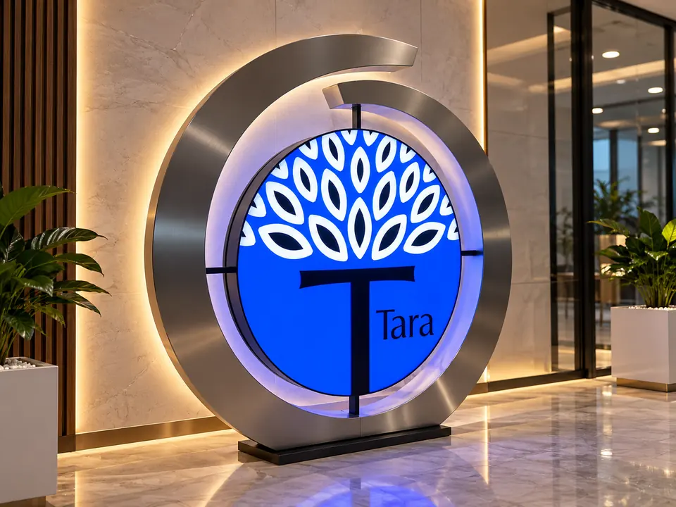Tara illuminated circular feature sign with brushed steel ring