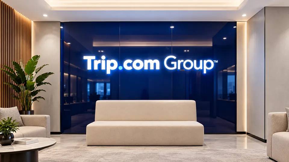 Trip.com Group illuminated logo letters on a navy glass reception wall