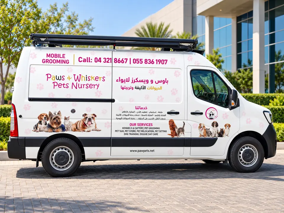 Paws & Whiskers Pets Nursery mobile grooming van with full-colour wrap