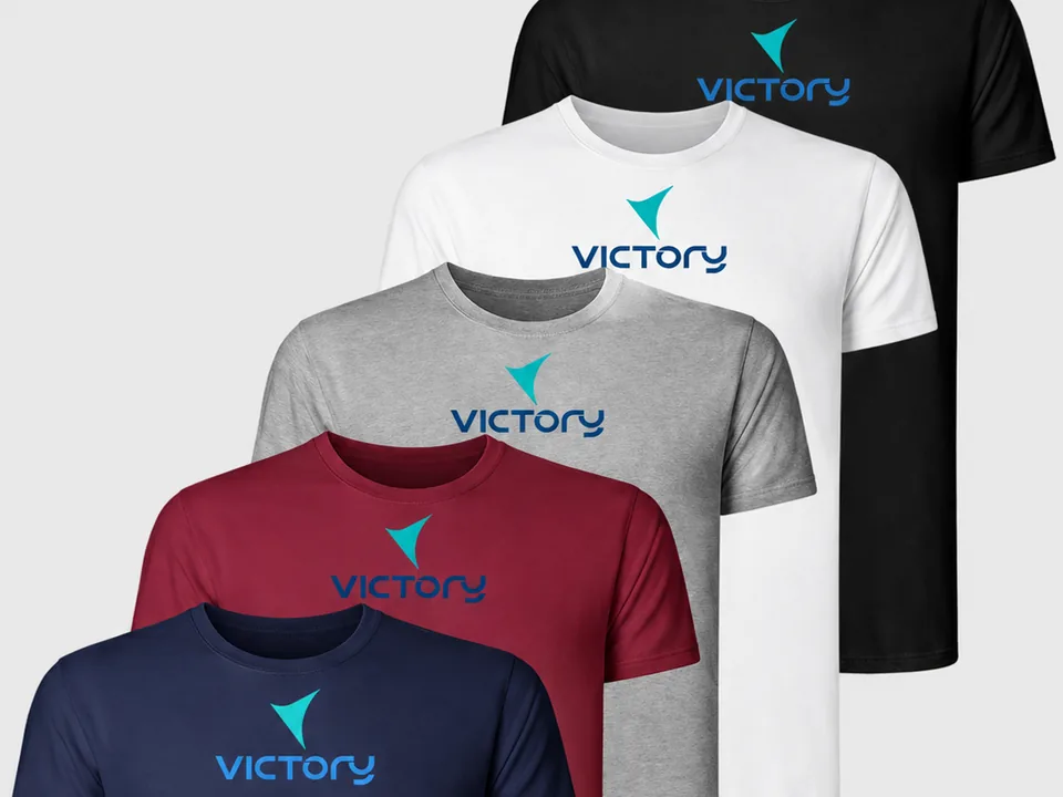 Navy, maroon, grey, white and black T-shirts printed with the Victory logo