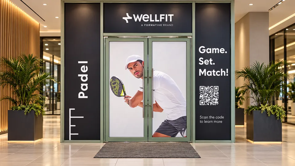 Wellfit padel entrance with printed door graphics and wall panels