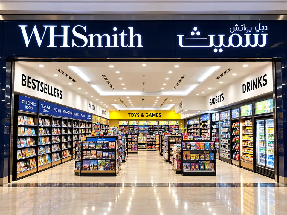 WHSmith illuminated English and Arabic store sign, Dubai Mall