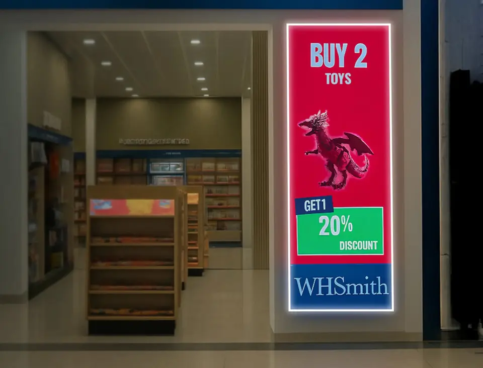 WHSmith illuminated LED lightbox with Buy 2 Toys promotion at the store entrance, Dubai Mall